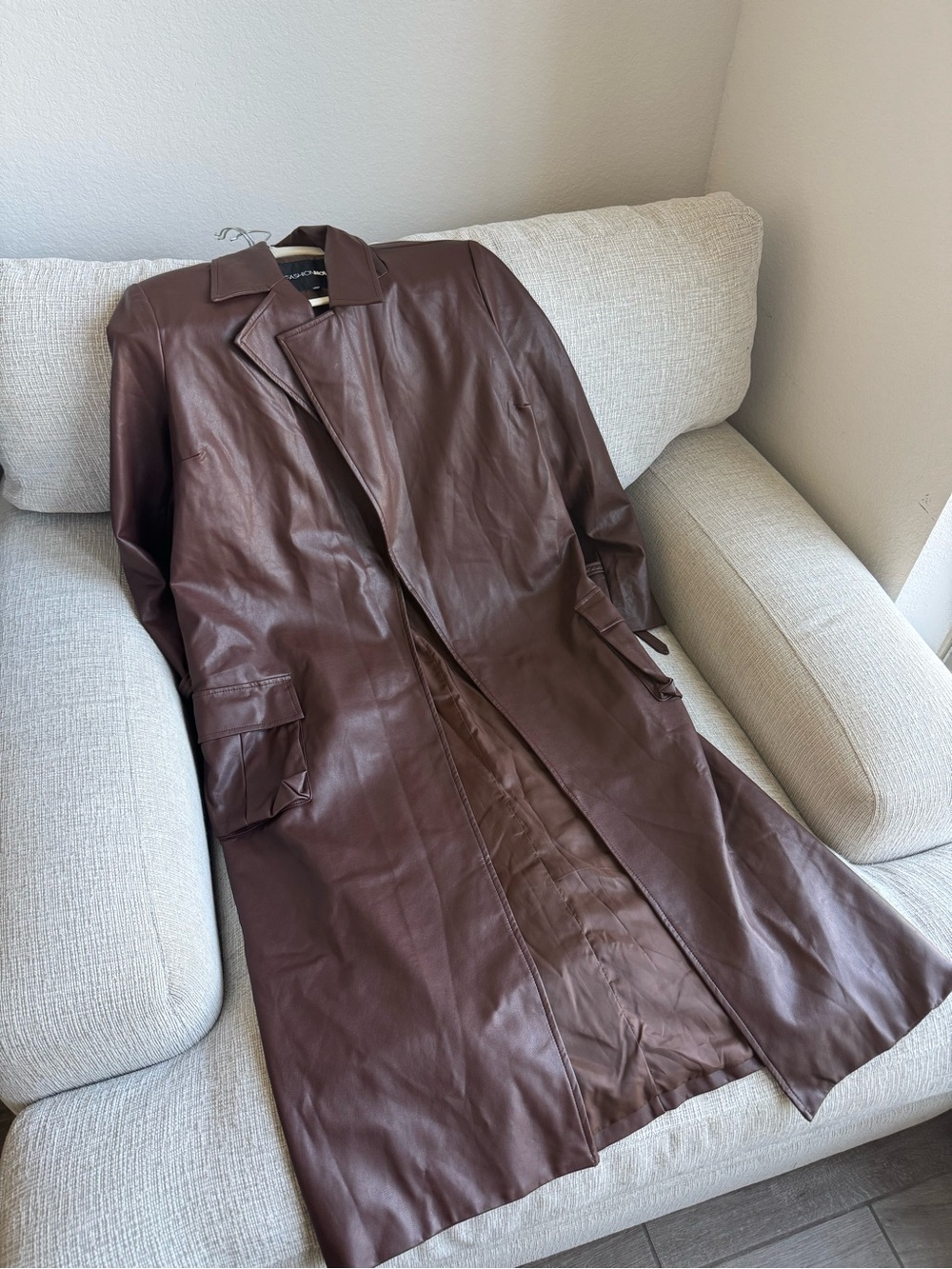 Fashion Nova Women's Brown faux leather Trench Coat with side slits